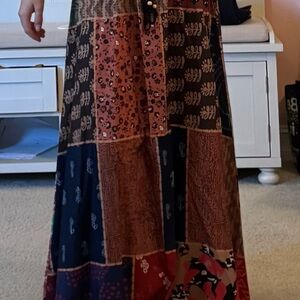Blue and Orange A-Line Maxi Skirt with Patchwork for Casual Wear